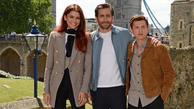 Zendaya (MJ), Jake Gyllenhaal (Quentin Beck / Mysterio) and Tom Holland (Peter Parker / Spider-Man) in London. Picture: Getty