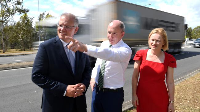 Australian Prime Minister Scott Morrison, Member for Petrie Luke Howarth and Senator Amanda Stoker were in Bald Hills this morning to announce funding for road upgrades in Bracken Ridge. Picture: AAP/Dave Hunt