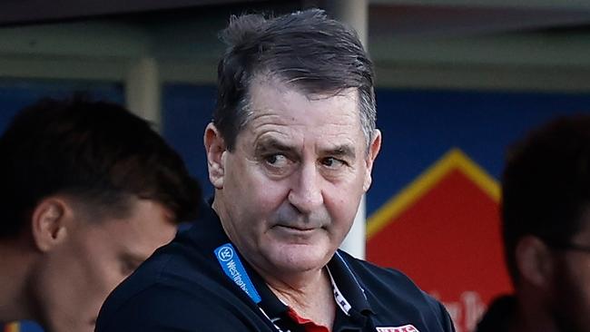 LAUNCESTON, AUSTRALIA - MAY 11: Ross Lyon, Senior Coach of the Saints looks dejected after a loss during the 2024 AFL Round 09 match between the Hawthorn Hawks and the St Kilda Saints at UTAS Stadium on May 11, 2024 in Launceston, Australia. (Photo by Michael Willson/AFL Photos via Getty Images)