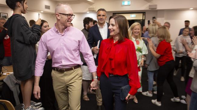 Cressida O'Hanlon with husband James, followed by Premier Peter Malinauskas and his wife Annabel at a Labor event on Saturday night. Picture: Brett Hartwig