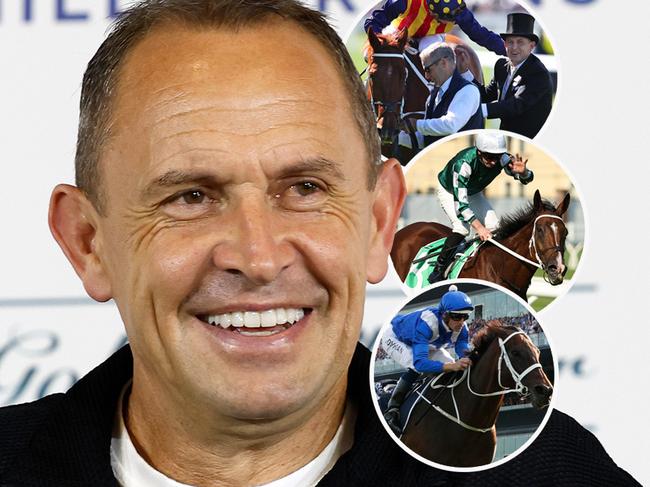 Chris Waller and three of his champions ... Nature Strip (top), Via Sistina (middle and Winx.