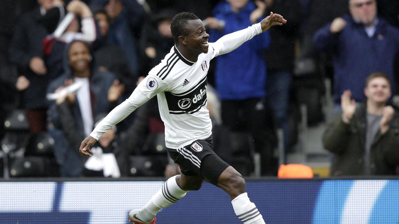 Jean Michael Seri celebrates after scoring Fulham’s first goal in the win over Burnley.