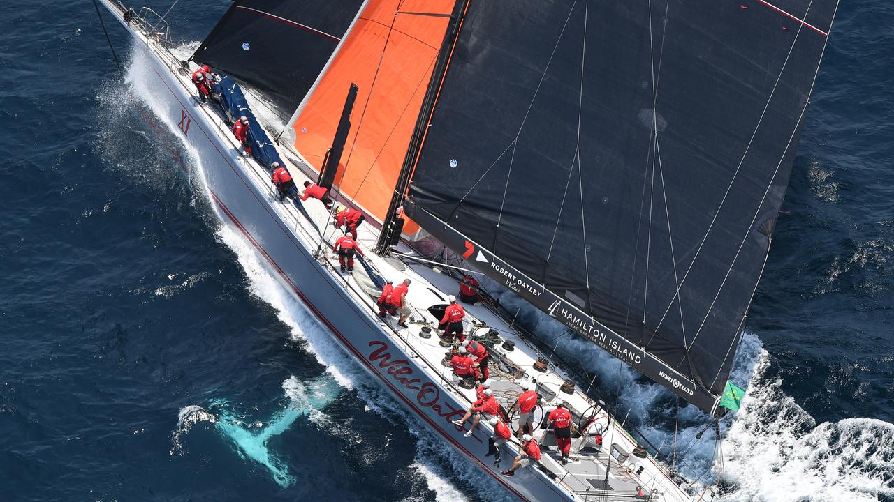 Wild Oats XI racing down the coast after the start of the 2019 race.