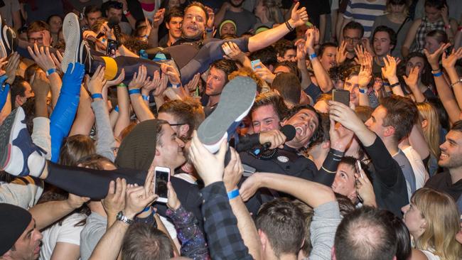 Hamish and Andy crowd surf for the entirety of their FoxFm afternoon radio show at Max Watts. Picture: Fiona Hamiltion.