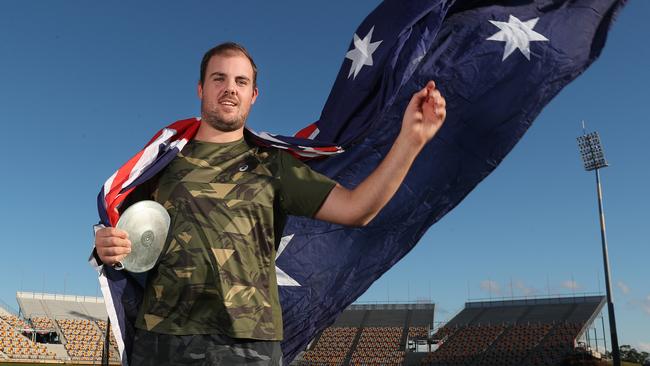 Matthew Denny, discus thrower, has been honoured with a large mural in his home town of Allora in Queensland’s Southern Downs region. Photo: Annette Dew.