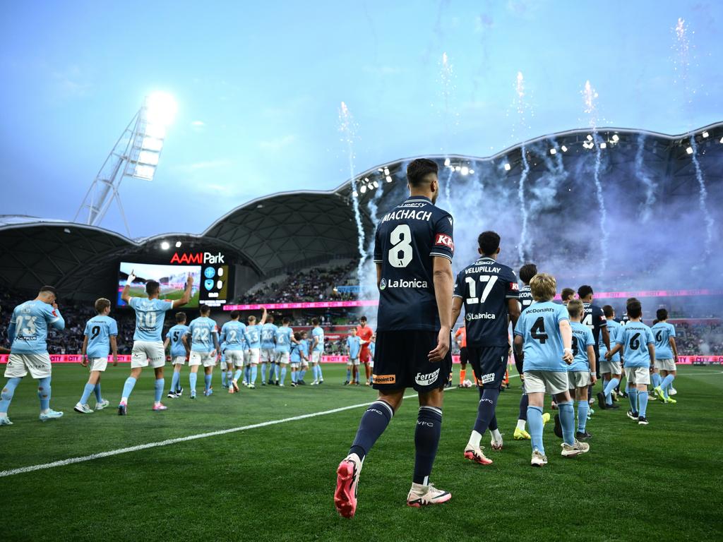 Players walk out onto the field for the Melbroune derby. Picture: Getty Images