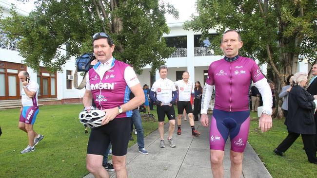 Job ID PD425220. The Prime Minister Tony Abbott launched the 2015 Pollie Pedal, with the Defence Minister Kevin Andrews at Old Parliament House in Canberra. Pic by Gary Ramage