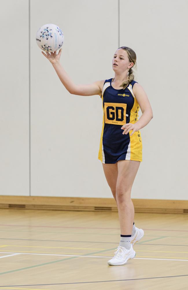 Skyla Gamble of Fairholme in the Laura Geitz Cup netball carnival at The Glennie School, Sunday, March 16, 2025. Picture: Kevin Farmer