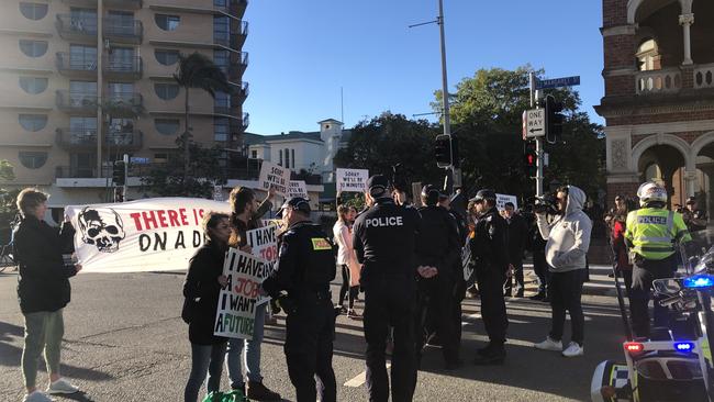 Protesters on Margaret St in Brisbane CBD. Picture: Sophie Chirgwin