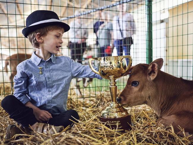 Floyd Foster, 3, and the Lexus Melbourne Cup trophy at the Nathalia Agricultural Show. Picture: Nicole Cleary