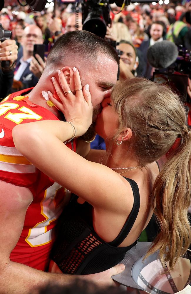 Travis Kelce and Taylor Swift after the Kansas City Chiefs won the Super Bowl. Picture: Getty Images