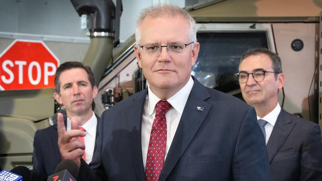 Prime Minister Scott Morrison (centre) in Adelaide with federal Finance Minister Simon Birmingham and Premier Steven Marshall. Picture: NCA NewsWire / Dean Martin