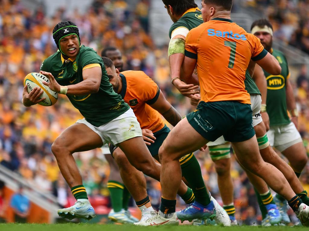 Kurt-Lee Arendse beat just about every Wallabies defender to score his first try. Picture: Getty Images