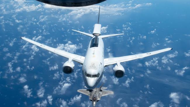 A RAAF E-7A Wedgetail. It is equipped with a high-powered radar, used to monitor the battlespace and provide friendly forces with an advantage over their opponents.