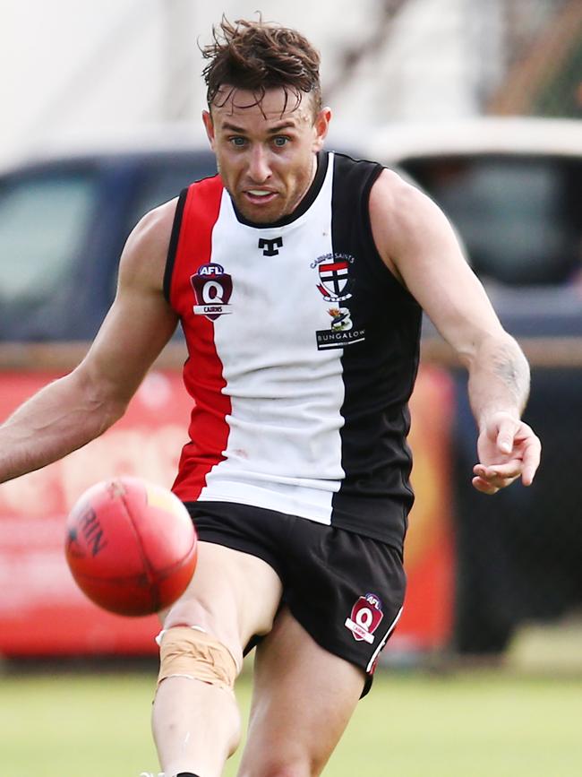 Action from the AFL Cairns match between the Cairns Saints and the Cairns City Lions, held at Griffiths Park, Manunda. Saints' Cade Wellington kicks a goal. PICTURE: BRENDAN RADKE