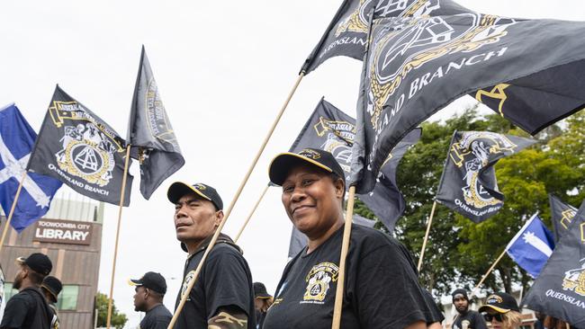 Hudson Fearo and Luisa Mark march with the AMIEU contingent at the Toowoomba Labour Day march, Saturday, April 29, 2023. Picture: Kevin Farmer