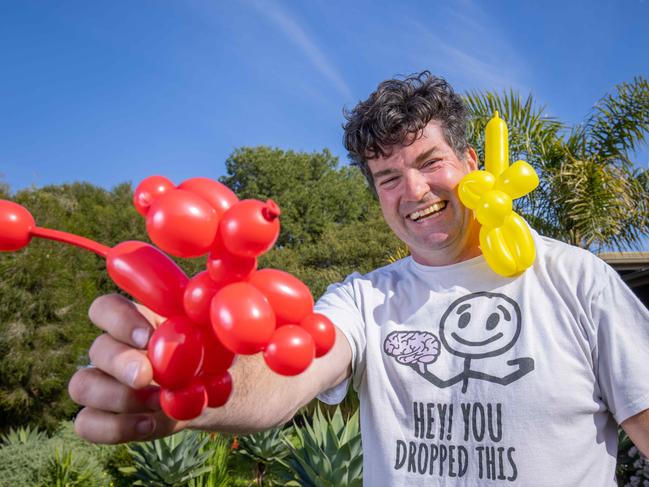 David "Juggs" Russell making Balloon animals at his property in Aldinga Beach. Pictured on Monday 17th July 2023. Picture: Ben Clark