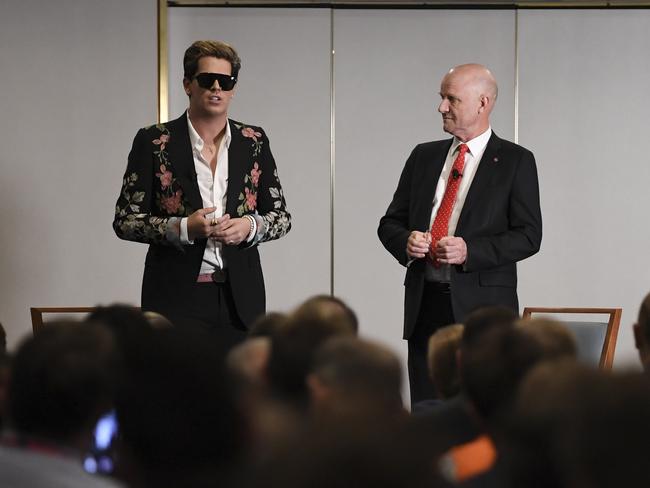 Senator David Leyonhjelm with Milo Yiannopoulos at Parliament House. Picture: AAP