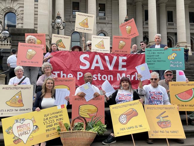 Save Preston Market campaigners on the steps of Victorian Parliament.