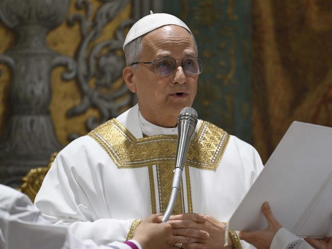 Newly elected Pope Leo XIV concelebrates Mass with the College of Cardinals inside the Sistine Chapel at the Vatican the day after his election as 267th pontiff of the Roman Catholic Church, Friday, May 9, 2025. (Vatican Media via AP)