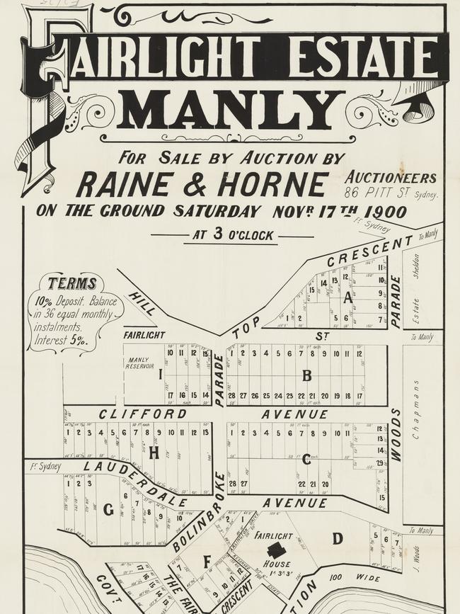 A poster advertising the sales of residential building blocks in the Fairlight Estate at Manly in 1900, with the vacant block at 5 Lauderdale Ave in the bottom right-hand corner. Picture: State Library of NSW