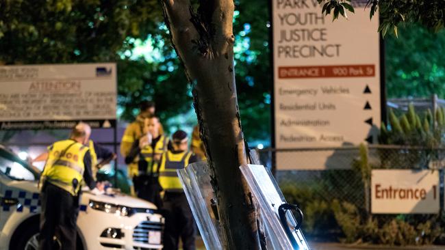 Police riot shields at the scene at the entrance to Parkville Youth Justice Centre in November, 2016. Picture: Mark Dadswell