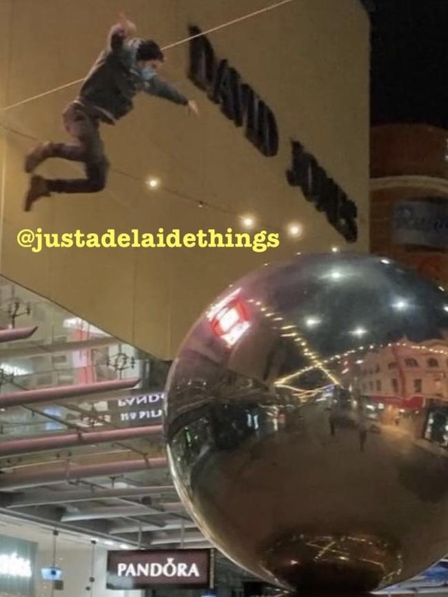 Man leaps from David Jones balcony to Mall’s Balls. Picture: JustAdelaideThings/ShitAdelaide Instagram