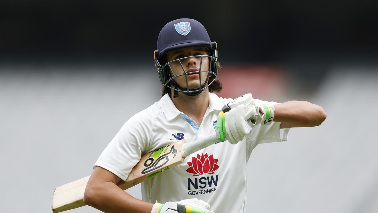 MELBOURNE, AUSTRALIA - OCTOBER 22: A disappointed Sam Konstas of New South Wales walks from the ground after being dismissed by Todd Murphy of Victoria during the Sheffield Shield match between Victoria and New South Wales at Melbourne Cricket Ground, on October 22, 2024, in Melbourne, Australia. (Photo by Darrian Traynor/Getty Images)