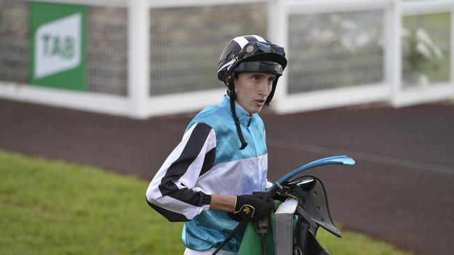 Jockey Nathan Fazackerley after winning race one with Vibrato at Clifford Park, Saturday, April 13, 2019.