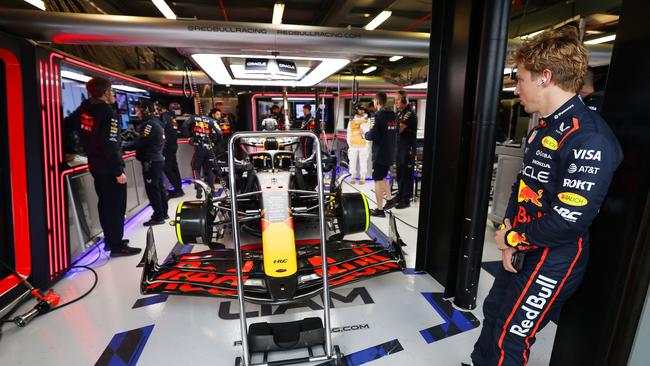 Red Bull rookie Liam Lawson looks on in the garage during the Australian Grand Prix. Picture: Getty