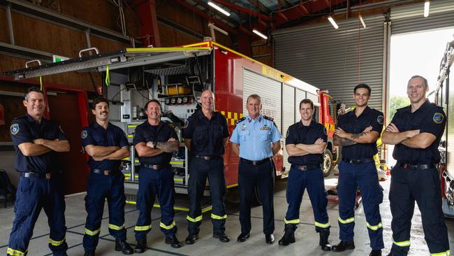 (L-R) Firefighter Sam Jenner, Reece Liddell, Jason Pawley, David Small, Acting Chief Fire Officer Stephen Sewell AFSM, Andrew Marsh, Kurtis Clarke and Leigh Arnold. Picture: Pema Tamang Pakhrin