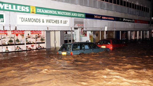 Main Street, Coffs Harbour was engulfed by flash flooding in 1996,. Picture: contributed.