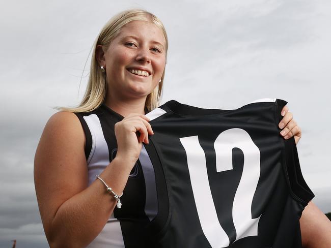 Peyton with the number 12 guernsey her uncle last wore.  Peyton Webster 15 will play for Claremont Football Club u/18's this season wearing her Uncle Brent Webster's former guernsey number returning the number from retirement.  Brent 'nipper' Webster is a former club captain and played at the club until a spinal injury ended his football playing career.  Picture: Nikki Davis-Jones