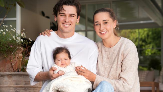 Connor Rozee with Maisie and daughter Audrey in September last year. Picture: Dean Martin