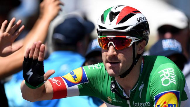 Elia Viviani crosses the line to win the 2019 Cadel Evans Great Ocean Road Race. Pic: AFP