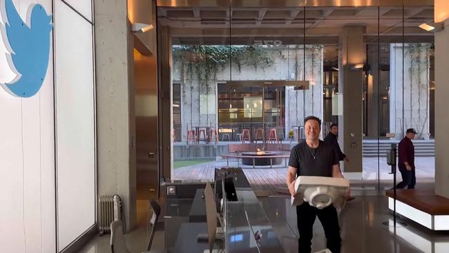 Chief Twit Elon Musk brought a sink into Twitter HQ because he wanted his new role to “sink in”. Picture: AFP.