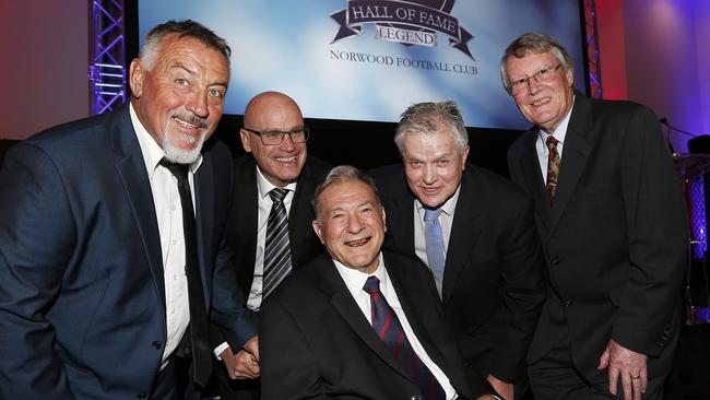 Norwood Football Club’s newly inducted Legends, from left, Garry McIntosh, Michael Aish, Wally Miller, Michael Taylor and John Woodrow, the grandson of Walter Scott, at Saturday nights Hall of Fame Legends dinner. Picture: Bryan Charlton