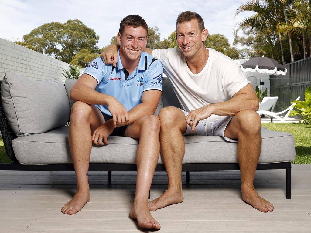 Sharks legend Adam Dykes (R) with his son, Kade 18. Picture: Tim Hunter.