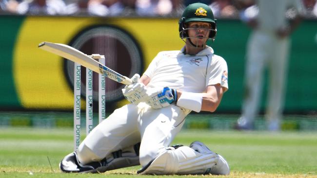 Steve Smith avoids a bouncer from New Zealand paceman Neil Wagner. Picture: AFP