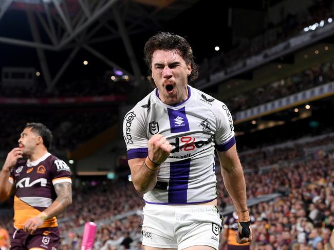 BRISBANE, AUSTRALIA - AUGUST 31: Grant Anderson of the Storm celebrates but the try is disallowed during the round 27 NRL match between the Brisbane Broncos and Melbourne Storm at Suncorp Stadium on August 31, 2023 in Brisbane, Australia. (Photo by Bradley Kanaris/Getty Images)