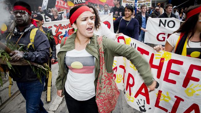 The protest in Melbourne over Australia Day. Picture: Nathan Dyer