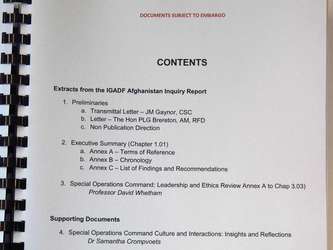 A redacted copy of the Brereton report related to alleged Afghanistan War Crimes. Picture: NCA NewsWire /Gary Ramage