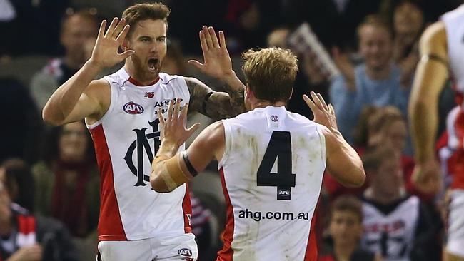 Jeremy Howe and Jack Watts celebrate their go-ahead goal. Picture: Getty