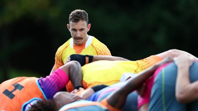 Nic White of Australia keeps an eye on the scrum during a training session at the Hokkaido Nopporo Sports Park.