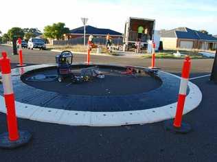 TRAFFIC FIRST: A rubber roundabout was installed at Bilambil Heights this week. Picture: Contributed