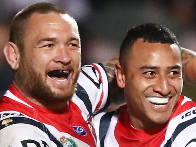 SYDNEY, AUSTRALIA - JULY 22:  Sio Siua Taukeiaho of the Roosters (R) celebrates with Jared Waerea-Hargreaves (L) after scoring a try during the round 19 NRL match between the Manly Sea Eagles and the Sydney Roosters at Lottoland on July 22, 2018 in Sydney, Australia.  (Photo by Matt King/Getty Images)