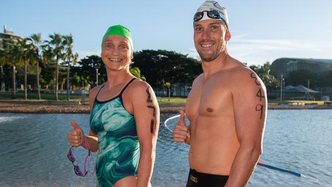 Nola Macaulay and Justin Giles at the 2024 Masters Swimming Australia National Championships open swim event in Darwin. Picture: Pema Tamang Pakhrin