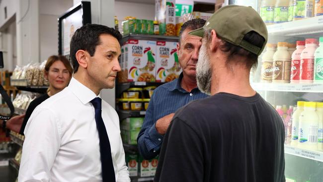 Queensland opposition leader David Crisafulli talks to locals during a visit to the Everyday Food Outlet in Nambour. Picture: Tertius Pickard