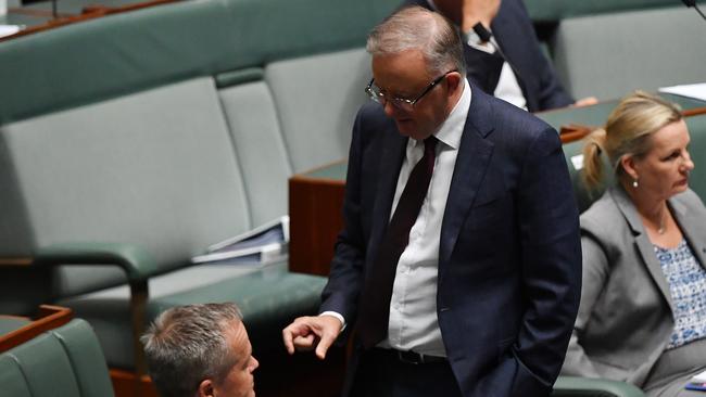 Anthony Albanese speaks with his predecessor Bill Shorten, who is also the opposition’s government services spokesman, during question time on Tuesday. Picture: Getty Images