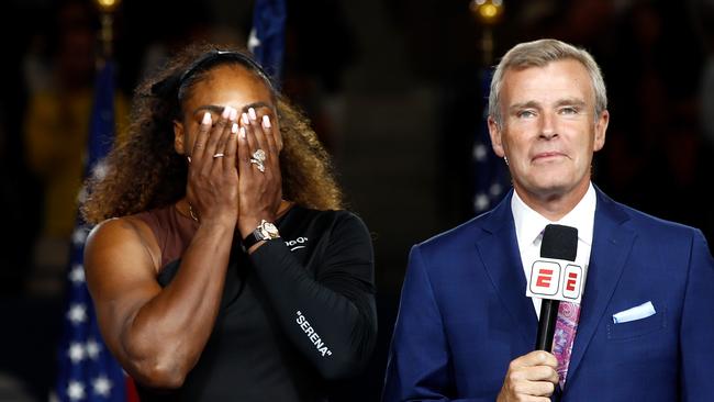 NEW YORK, NY - SEPTEMBER 08:  Serena Williams of the United States reacts while being interviewed after her defeat in the Women's Singles finals match to Naomi Osaka of Japan on Day Thirteen of the 2018 US Open at the USTA Billie Jean King National Tennis Center on September 8, 2018 in the Flushing neighborhood of the Queens borough of New York City.  (Photo by Julian Finney/Getty Images)